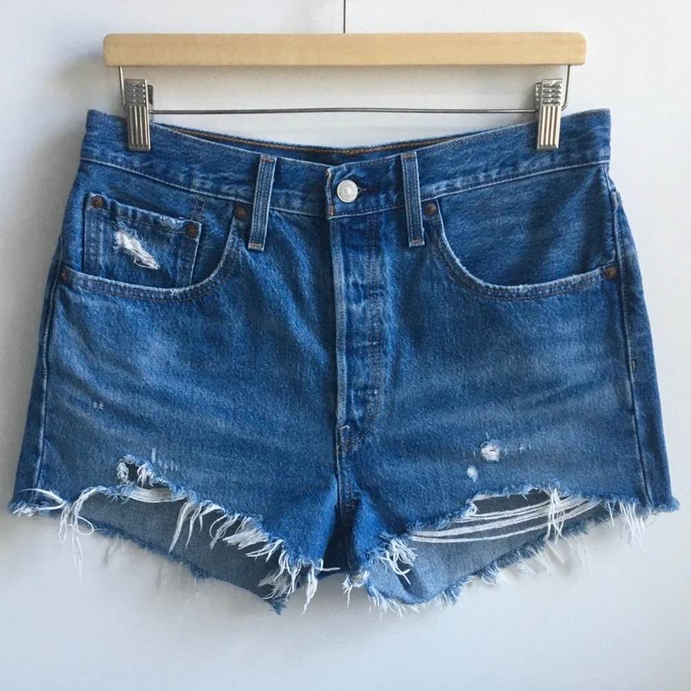 Levis Premium 501 High Rise Original Distressed Raw Hem Jean Shorts Size 30